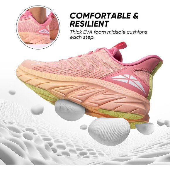 Women's Pink Orange Walking Shoes Comfort Breathable Non-Slip Gym Sneaker - Picture 3 of 8